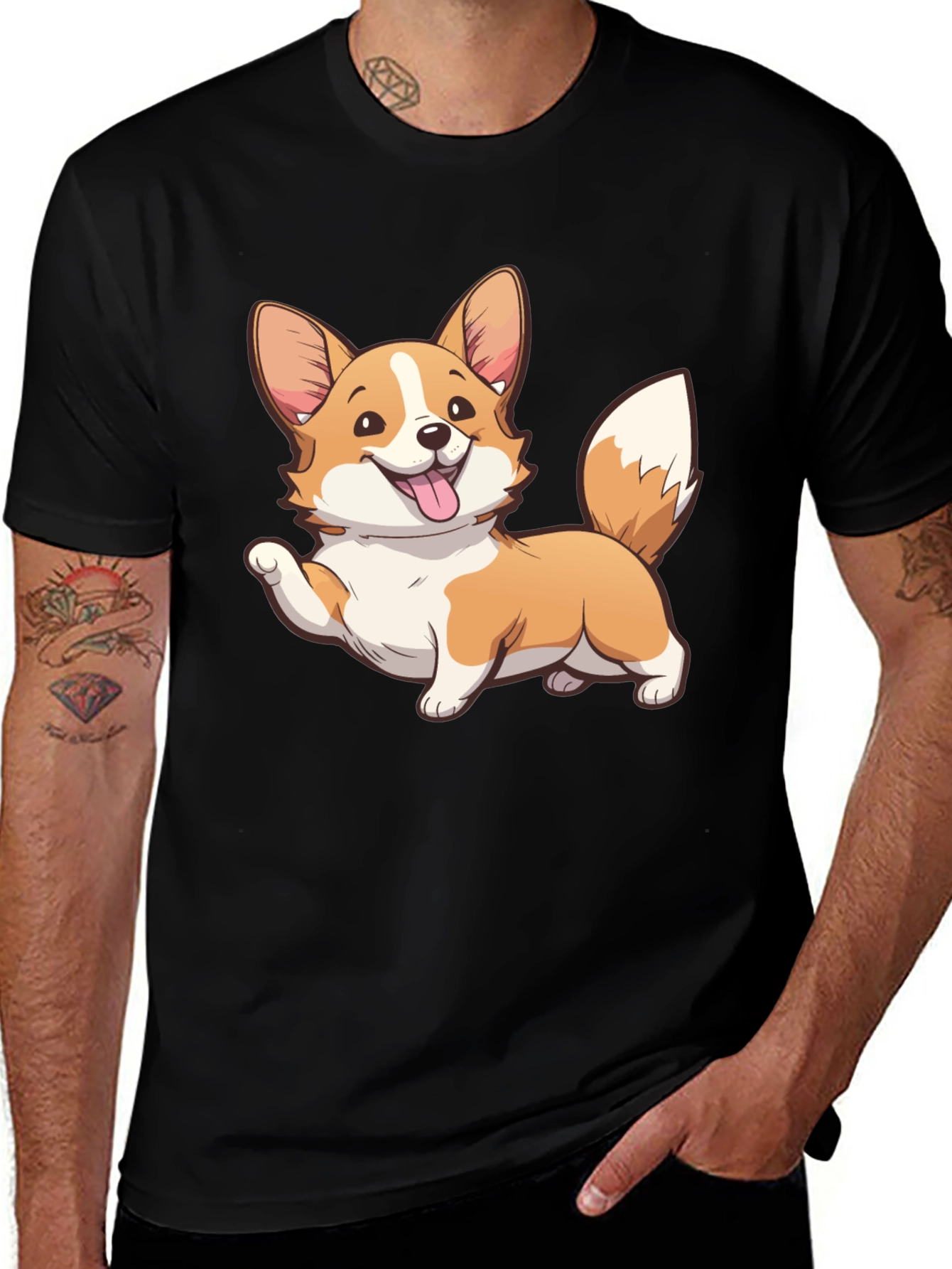 Corgi Cartoon Graphic Black T-Shirt
