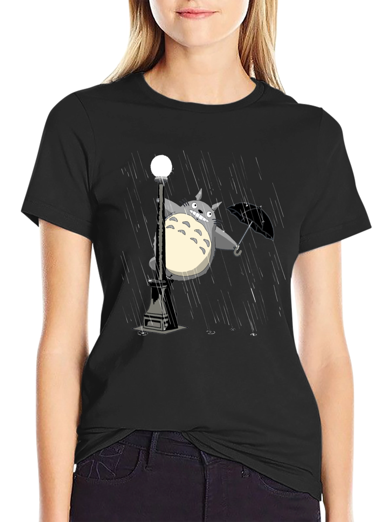Totoro Umbrella Black T-Shirt