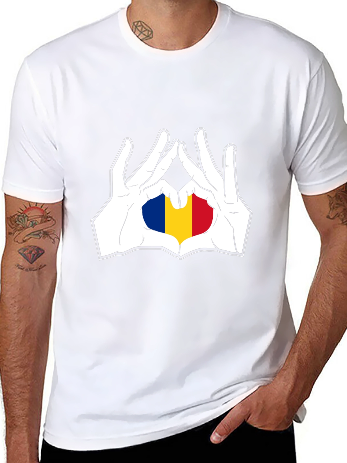 Romania Flag Heart Hands Black T-Shirt