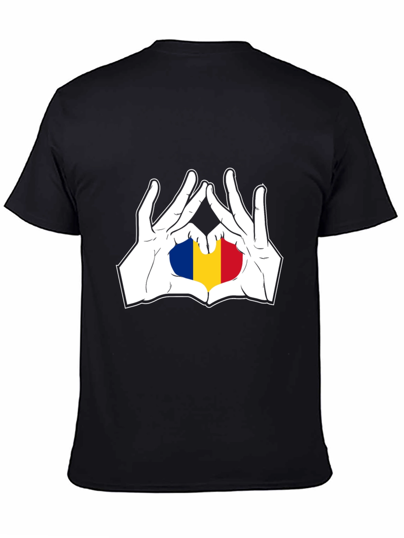Romania Flag Heart Hands Black T-Shirt