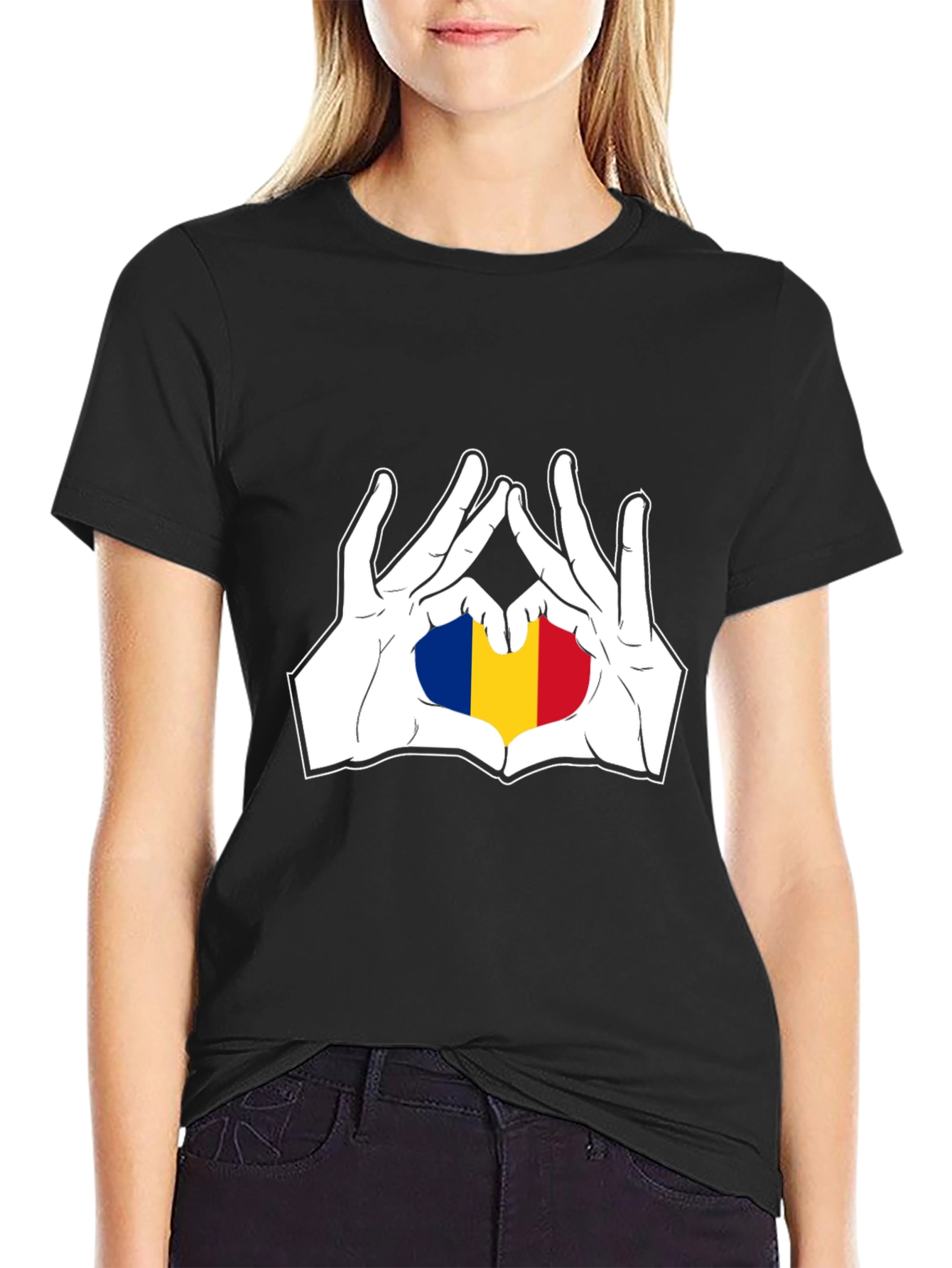 Romania Flag Heart Hands Black T-Shirt