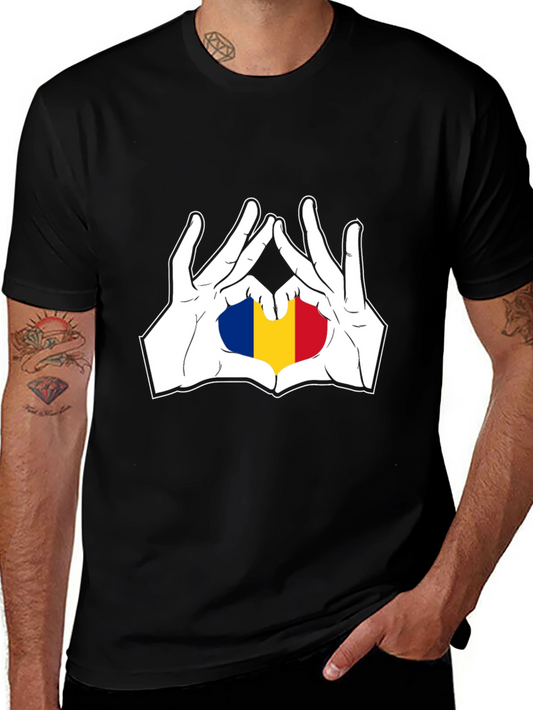 Romania Flag Heart Hands Black T-Shirt