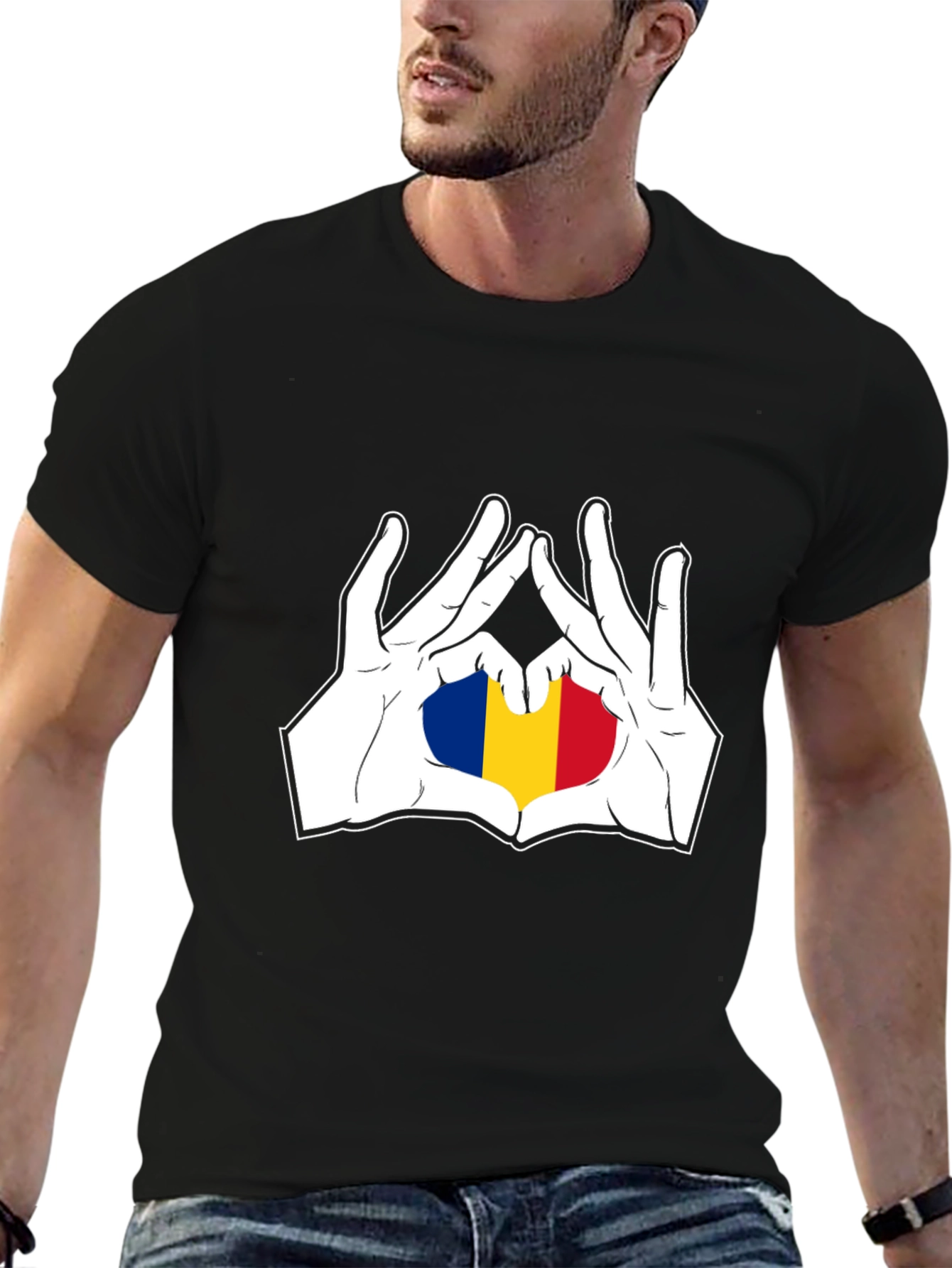 Romania Flag Heart Hands Black T-Shirt