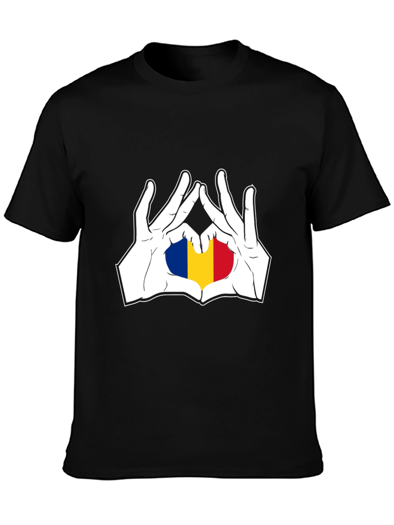 Romania Flag Heart Hands Black T-Shirt