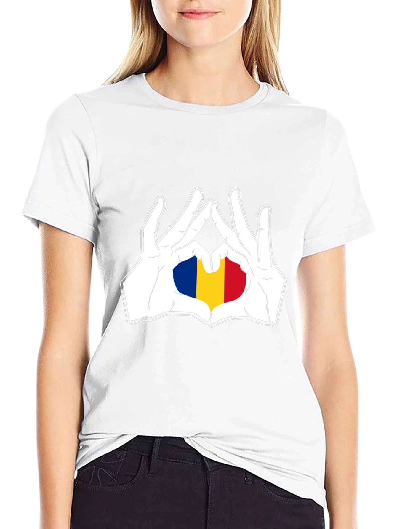 Romania Flag Heart Hands Black T-Shirt