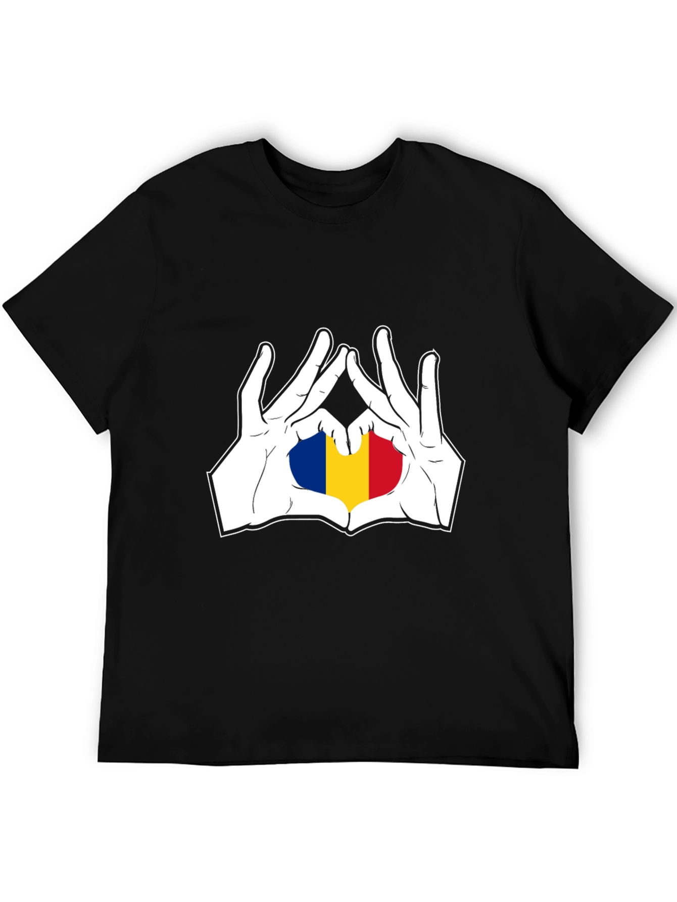 Romania Flag Heart Hands Black T-Shirt