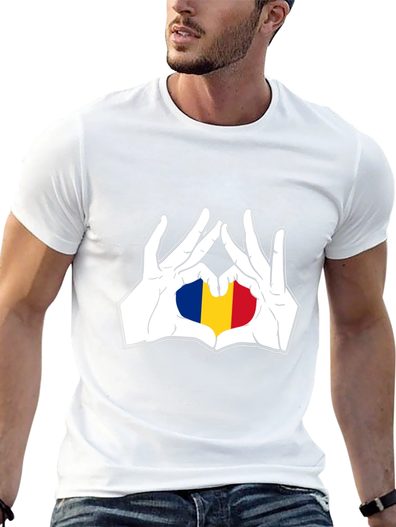 Romania Flag Heart Hands Black T-Shirt