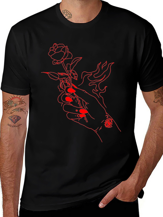 Red Rose Hand Graphic Black Tee