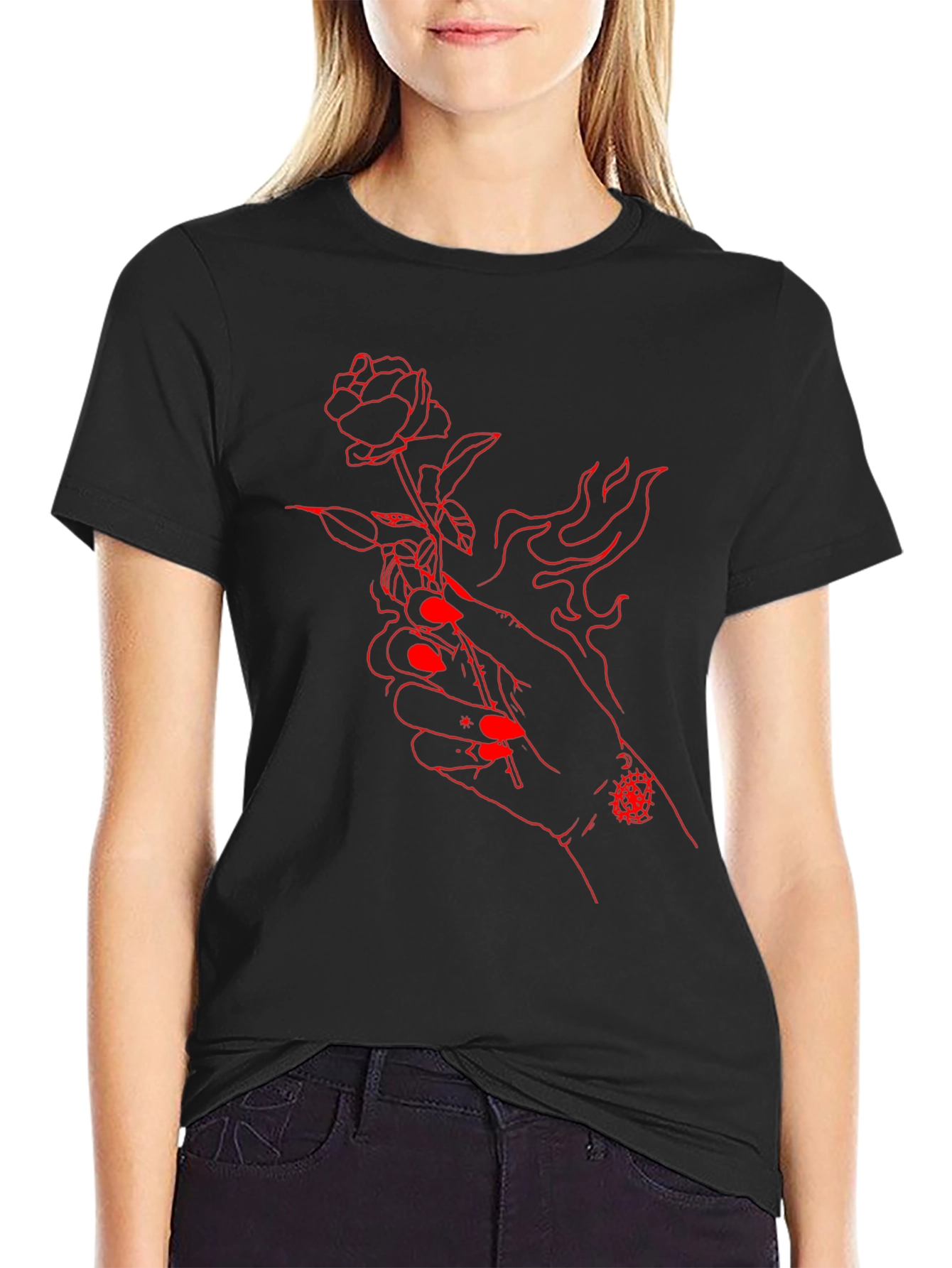 Red Rose Hand Graphic Black Tee
