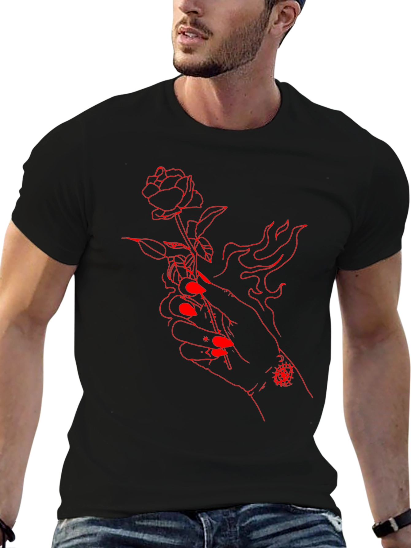 Red Rose Hand Graphic Black Tee