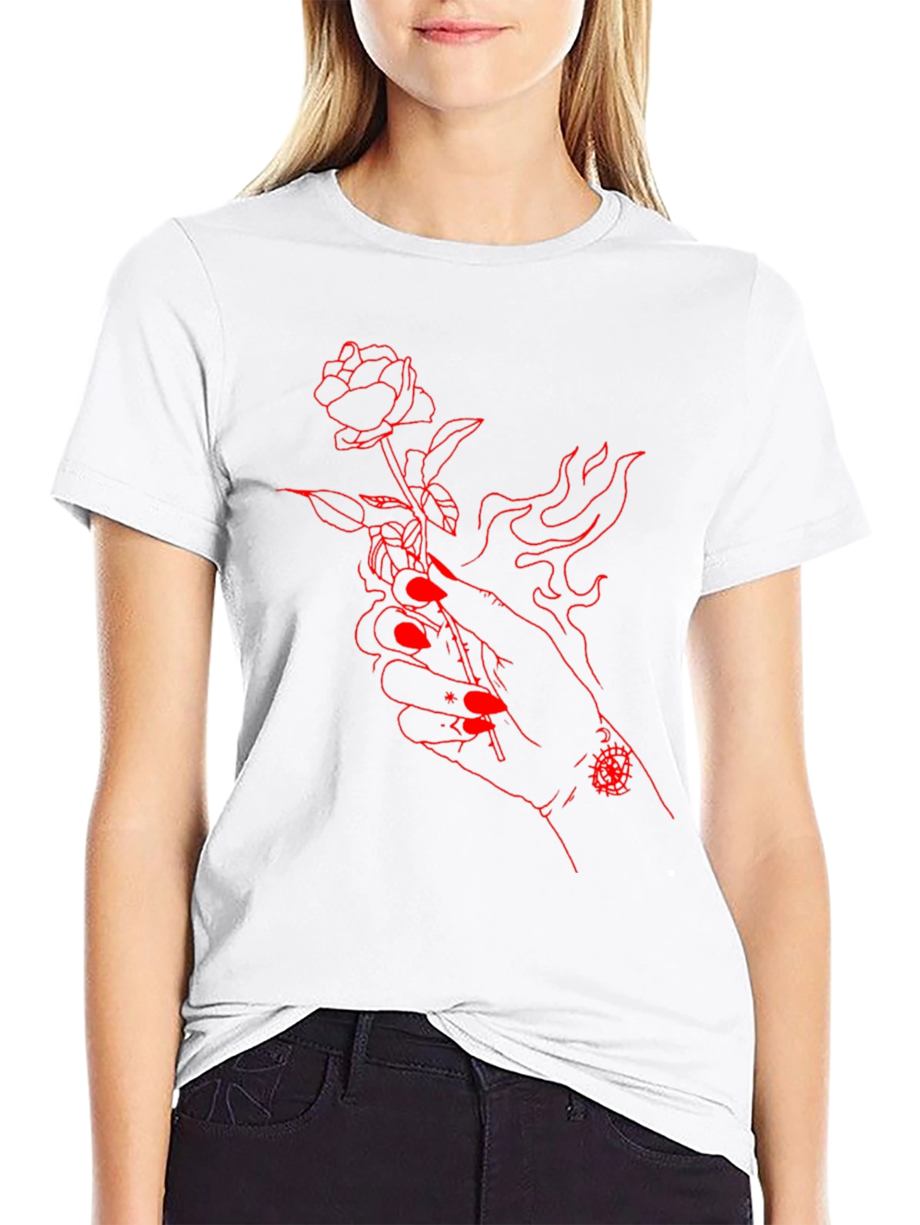Red Rose Hand Graphic Black Tee