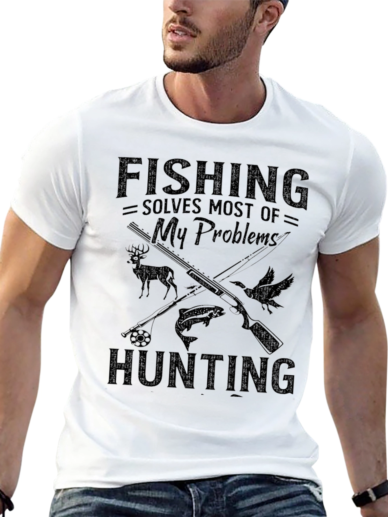 Fishing Hunting Solves My Problems Black T-Shirt