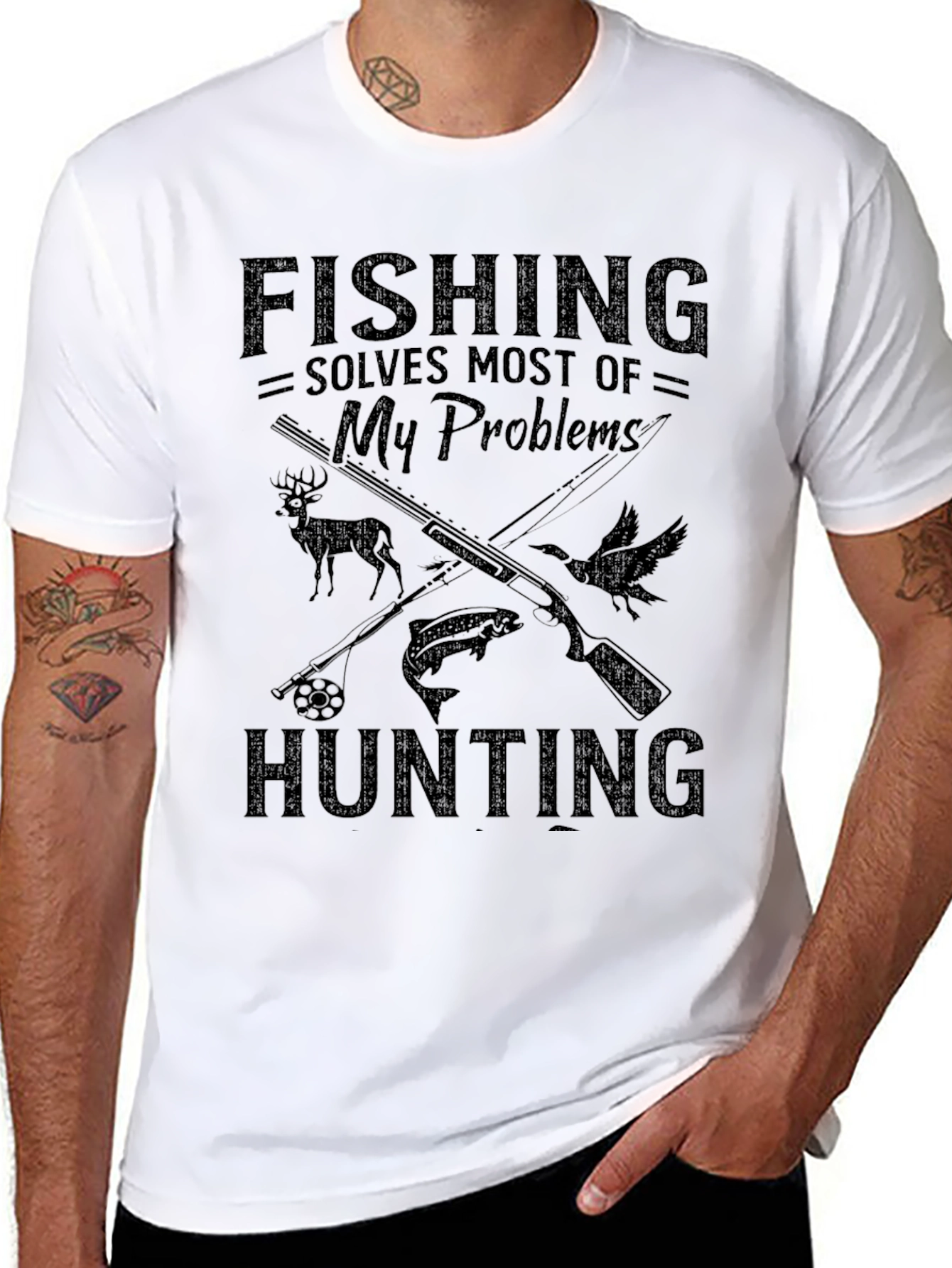 Fishing Hunting Solves My Problems Black T-Shirt