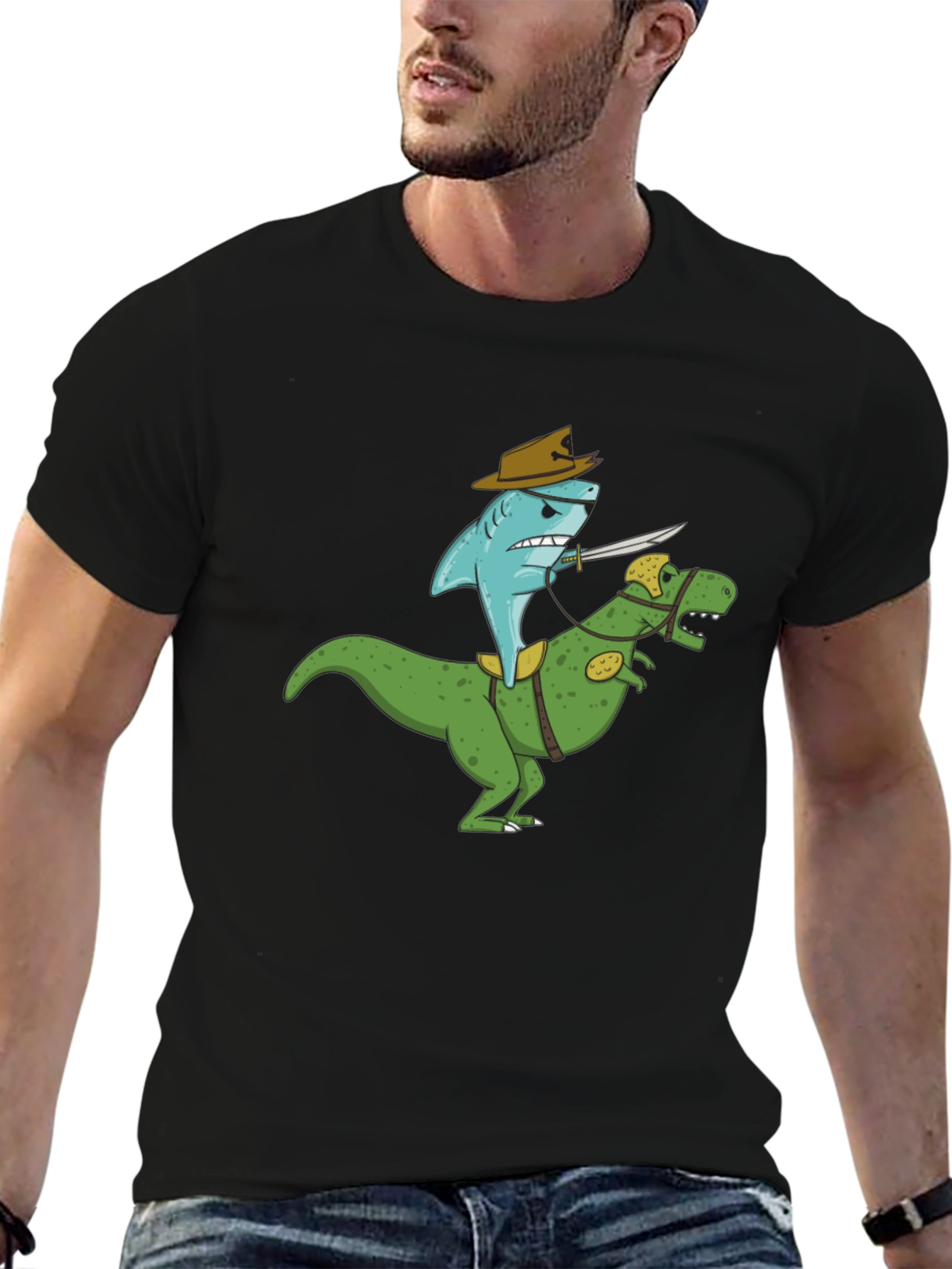 Shark Riding Dinosaur T-Shirt - Funny Graphic Tee