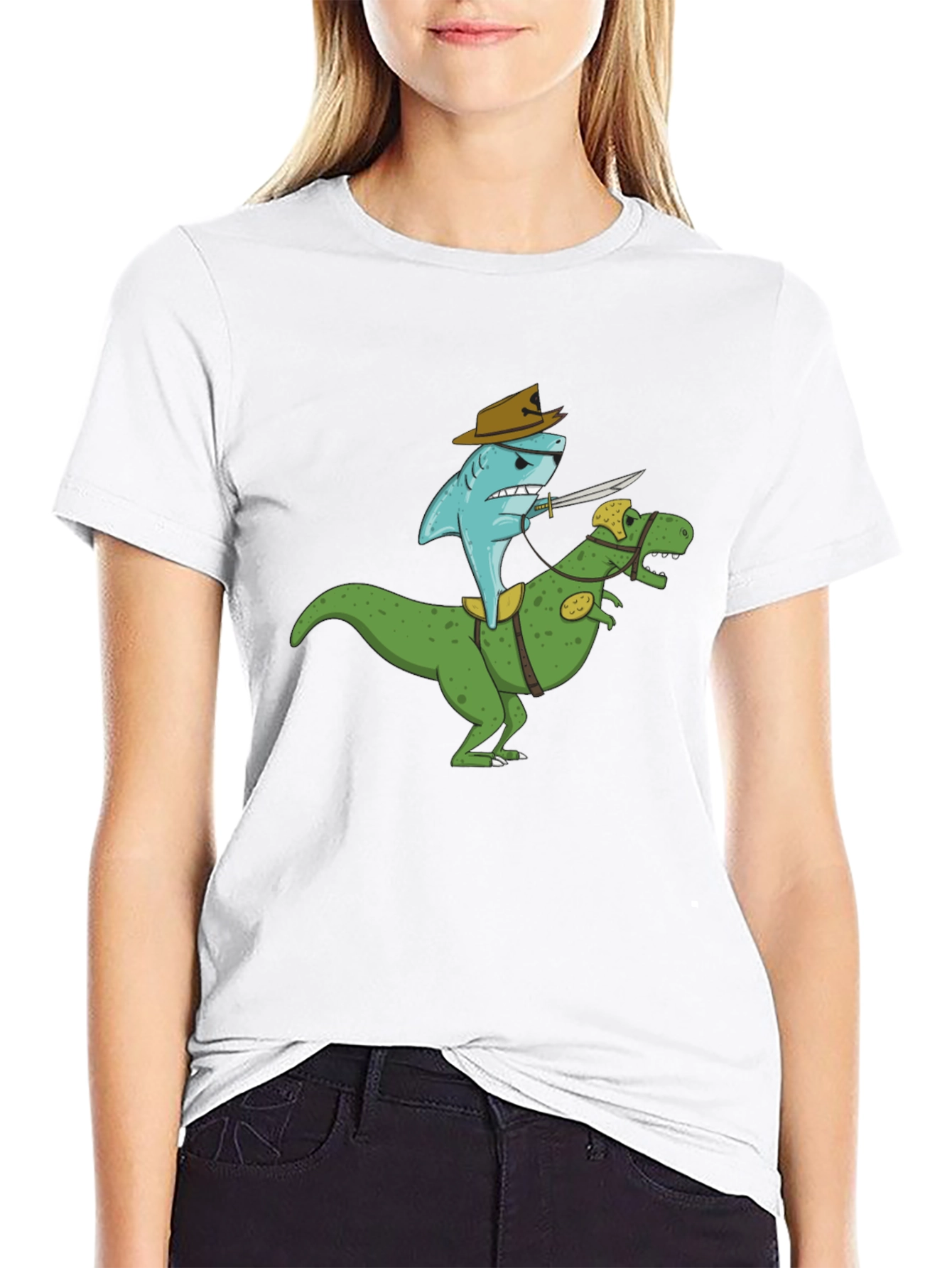 Shark Riding Dinosaur T-Shirt - Funny Graphic Tee
