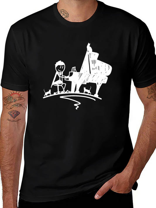 Piano Player & Cats Graphic Tee - Black