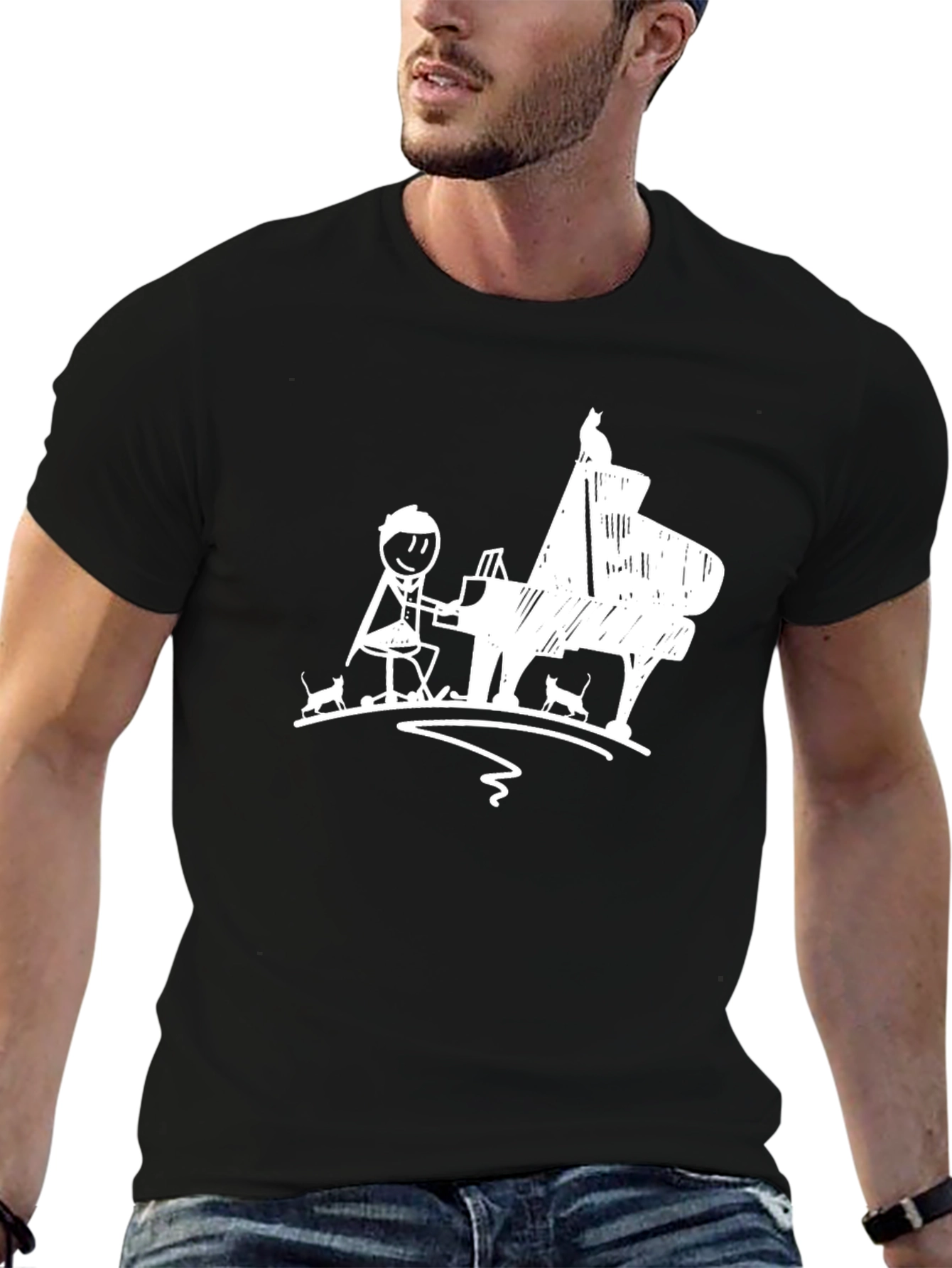 Piano Player & Cats Graphic Tee - Black