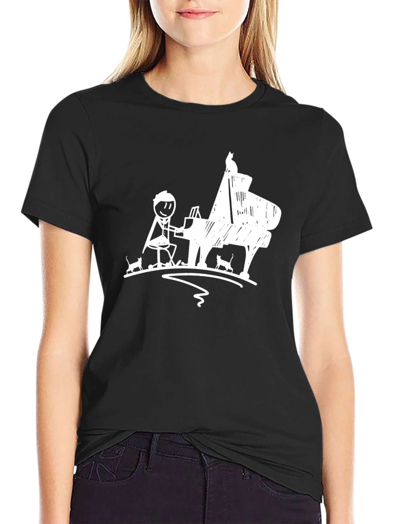 Piano Player & Cats Graphic Tee - Black