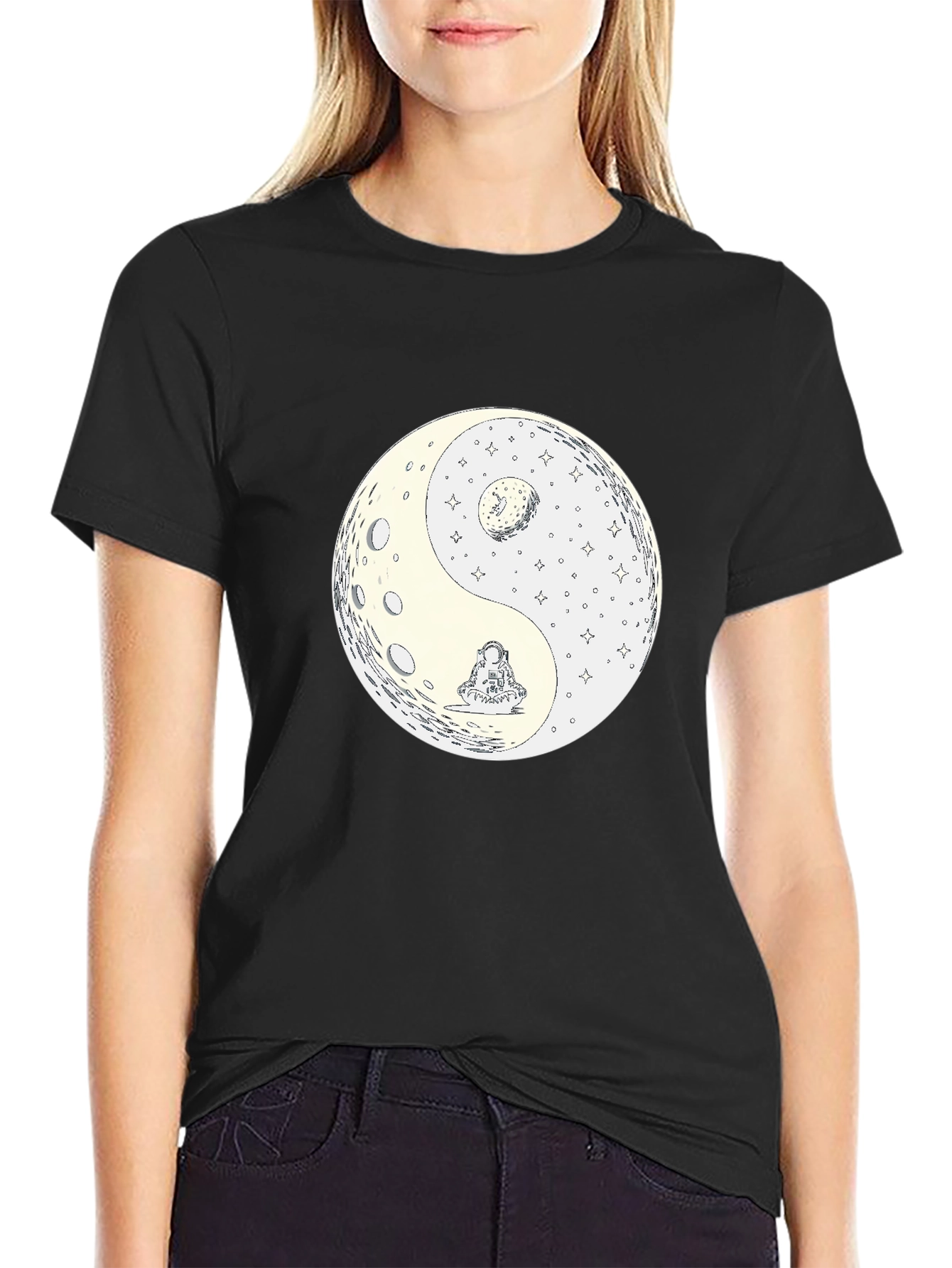 Yin Yang Moon Graphic Tee - Casual Black T-Shirt