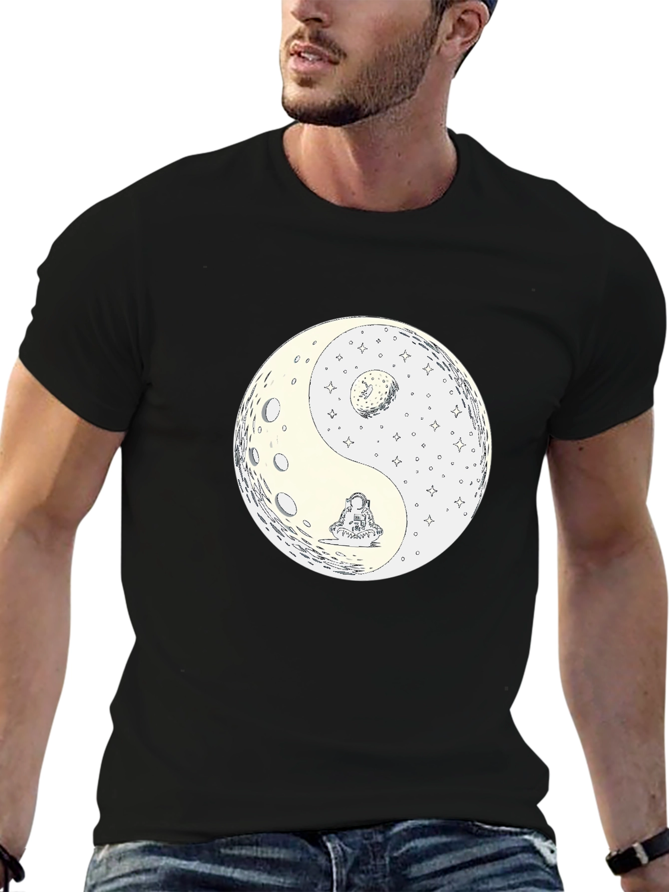 Yin Yang Moon Graphic Tee - Casual Black T-Shirt