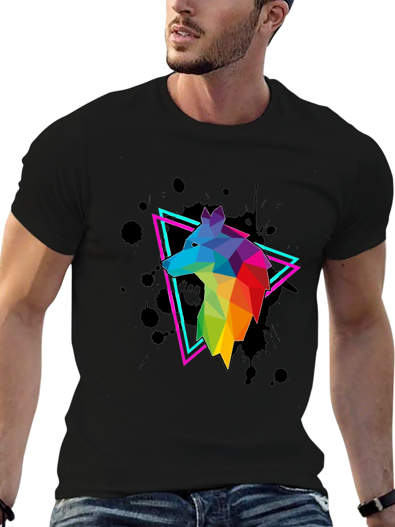 Geometric Wolf Graphic Tee - Mens Black T-Shirt