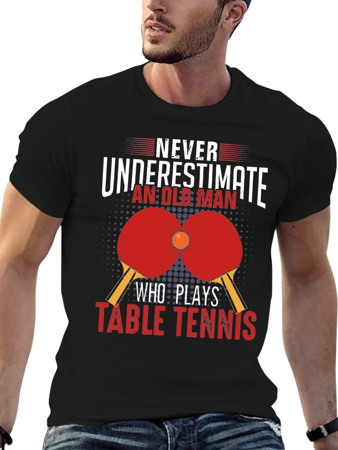 Never Underestimate Table Tennis Old Man Black T-Shirt