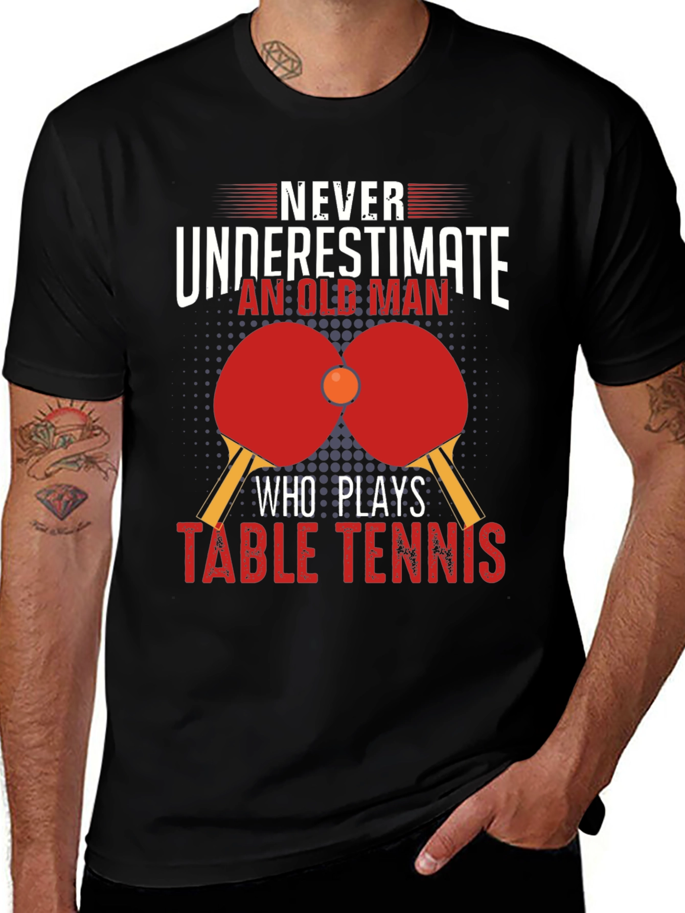 Never Underestimate Table Tennis Old Man Black T-Shirt