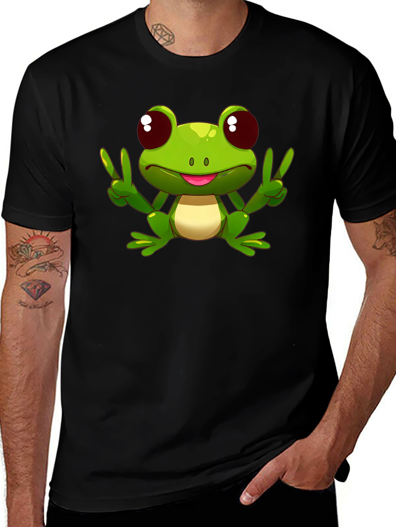 Funny Frog Peace Sign Black T-Shirt