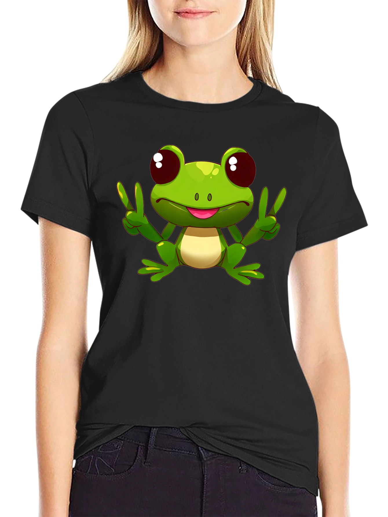 Funny Frog Peace Sign Black T-Shirt