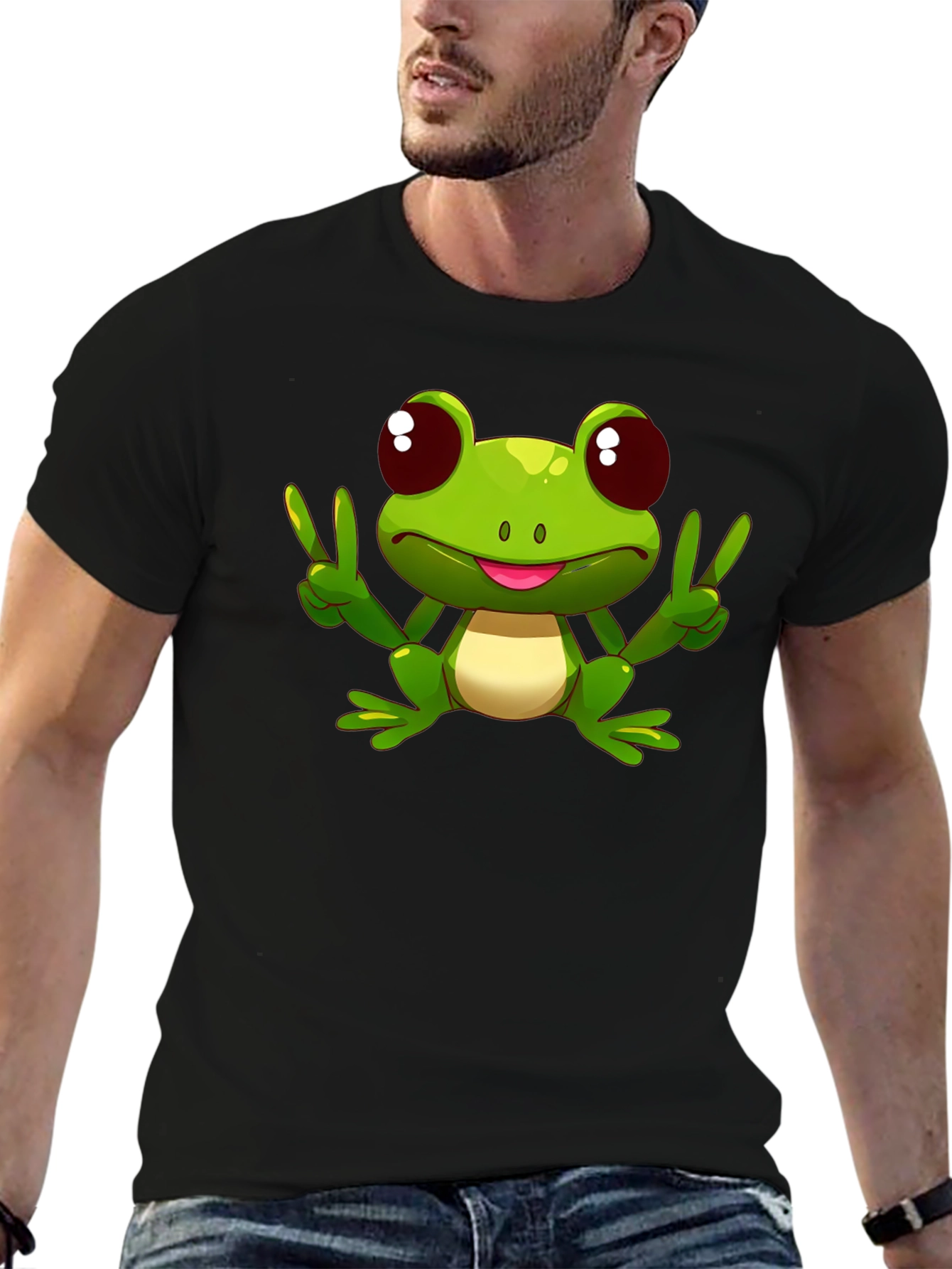 Funny Frog Peace Sign Black T-Shirt
