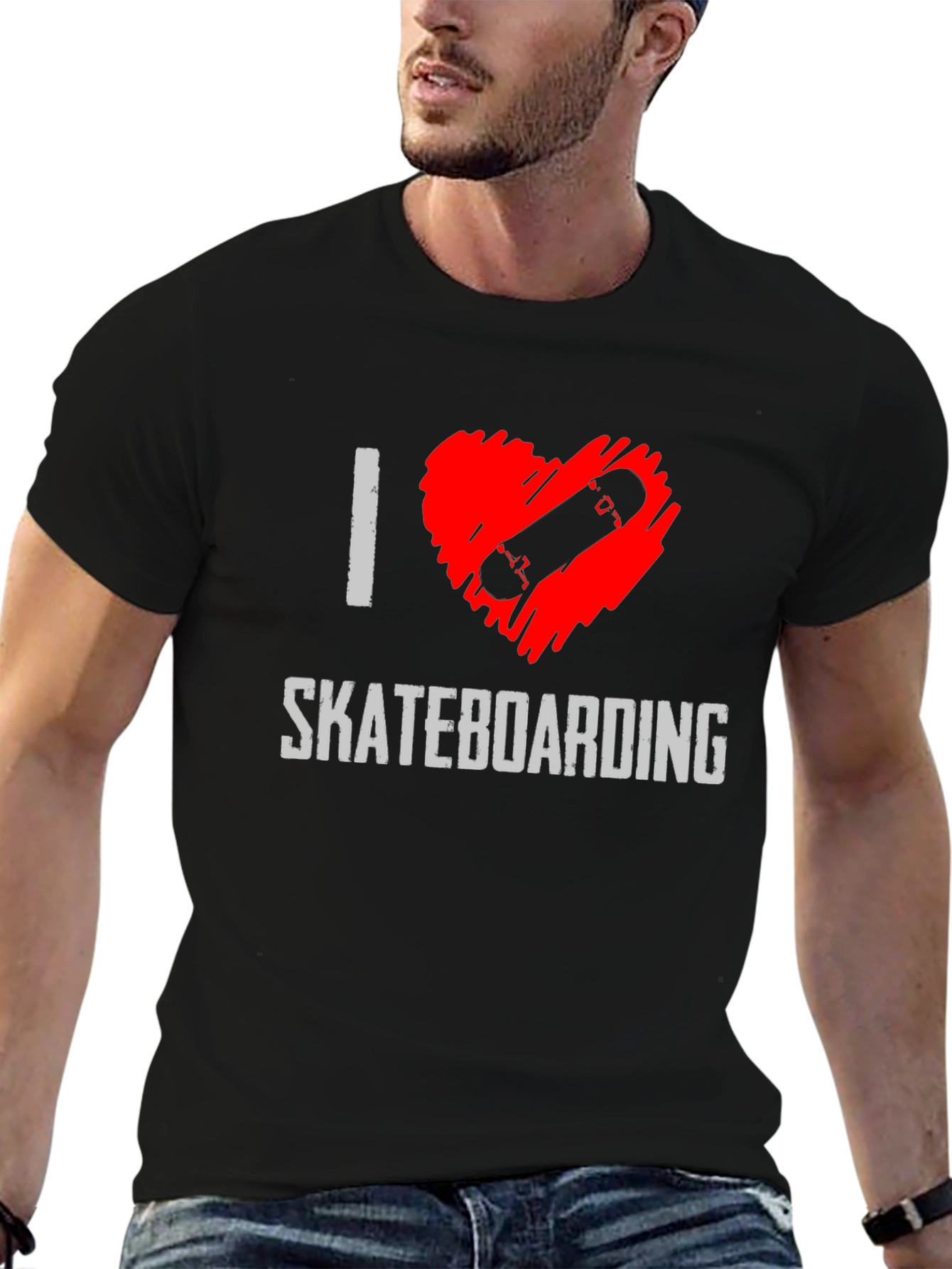 I Heart Skateboarding Graphic Tee - Black Cotton T-Shirt