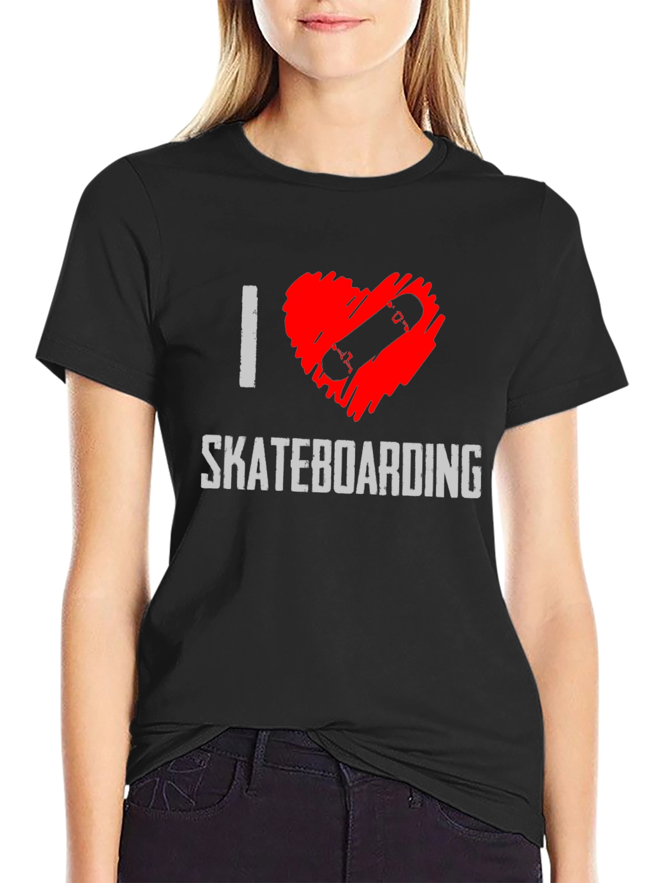 I Heart Skateboarding Graphic Tee - Black Cotton T-Shirt