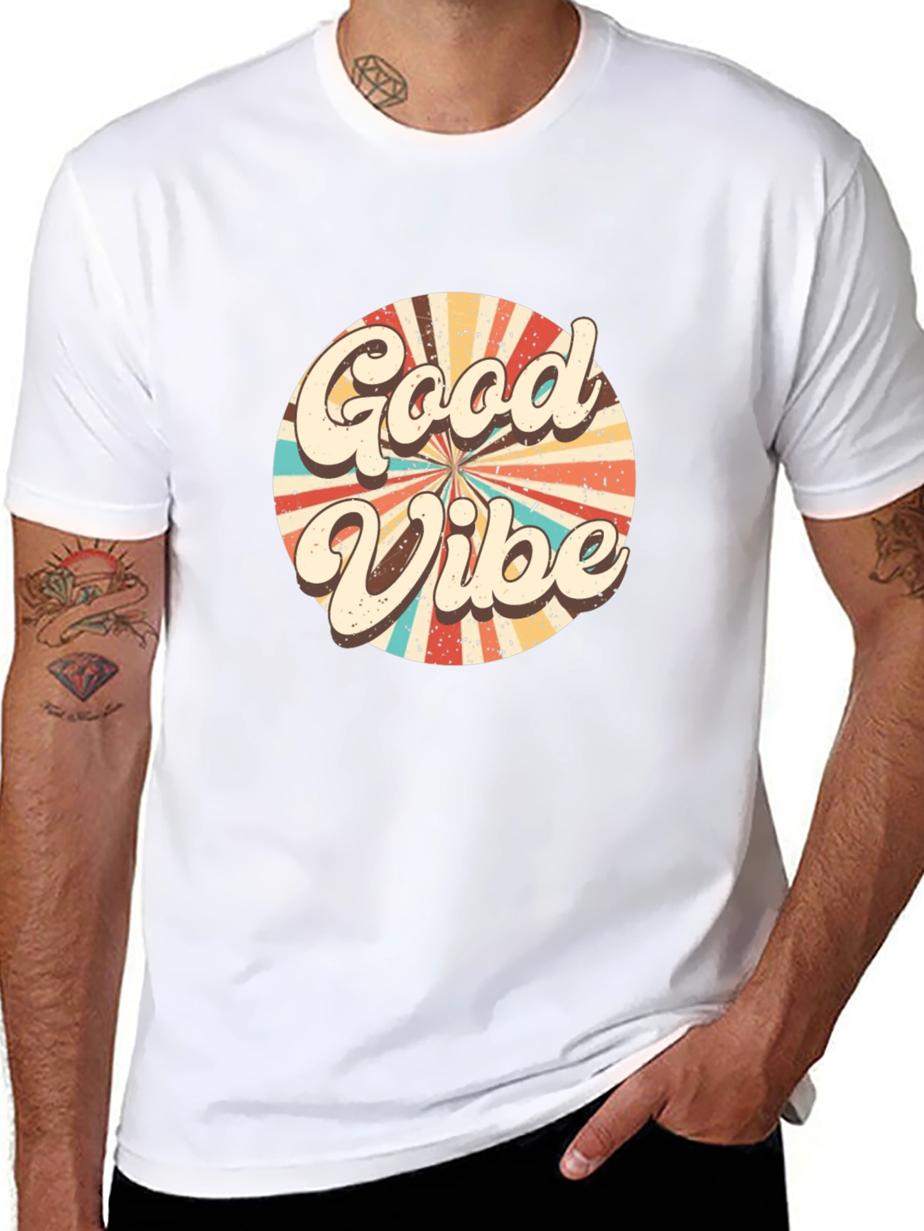 Retro Good Vibes Graphic Tee - Black Cotton T-Shirt