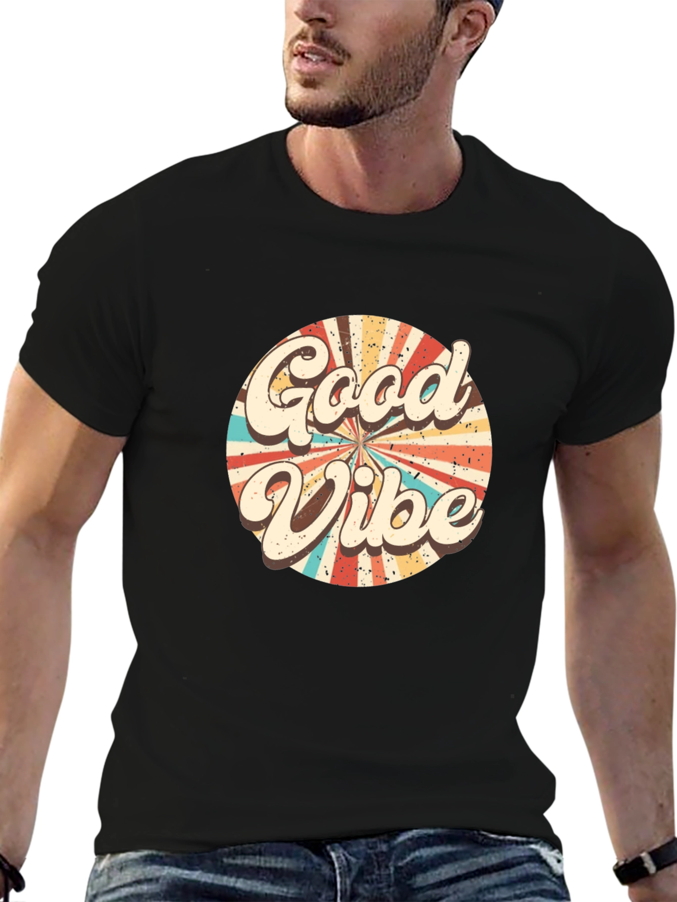 Retro Good Vibes Graphic Tee - Black Cotton T-Shirt