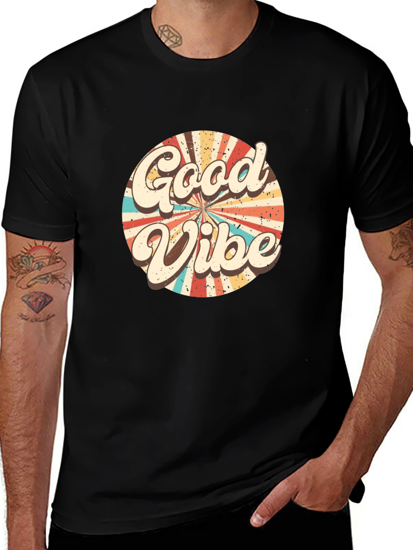 Retro Good Vibes Graphic Tee - Black Cotton T-Shirt