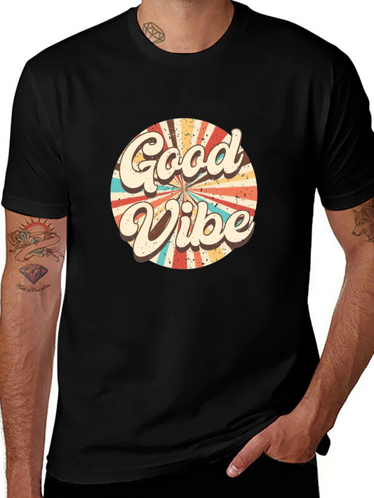 Retro Good Vibes Graphic Tee - Black Cotton T-Shirt