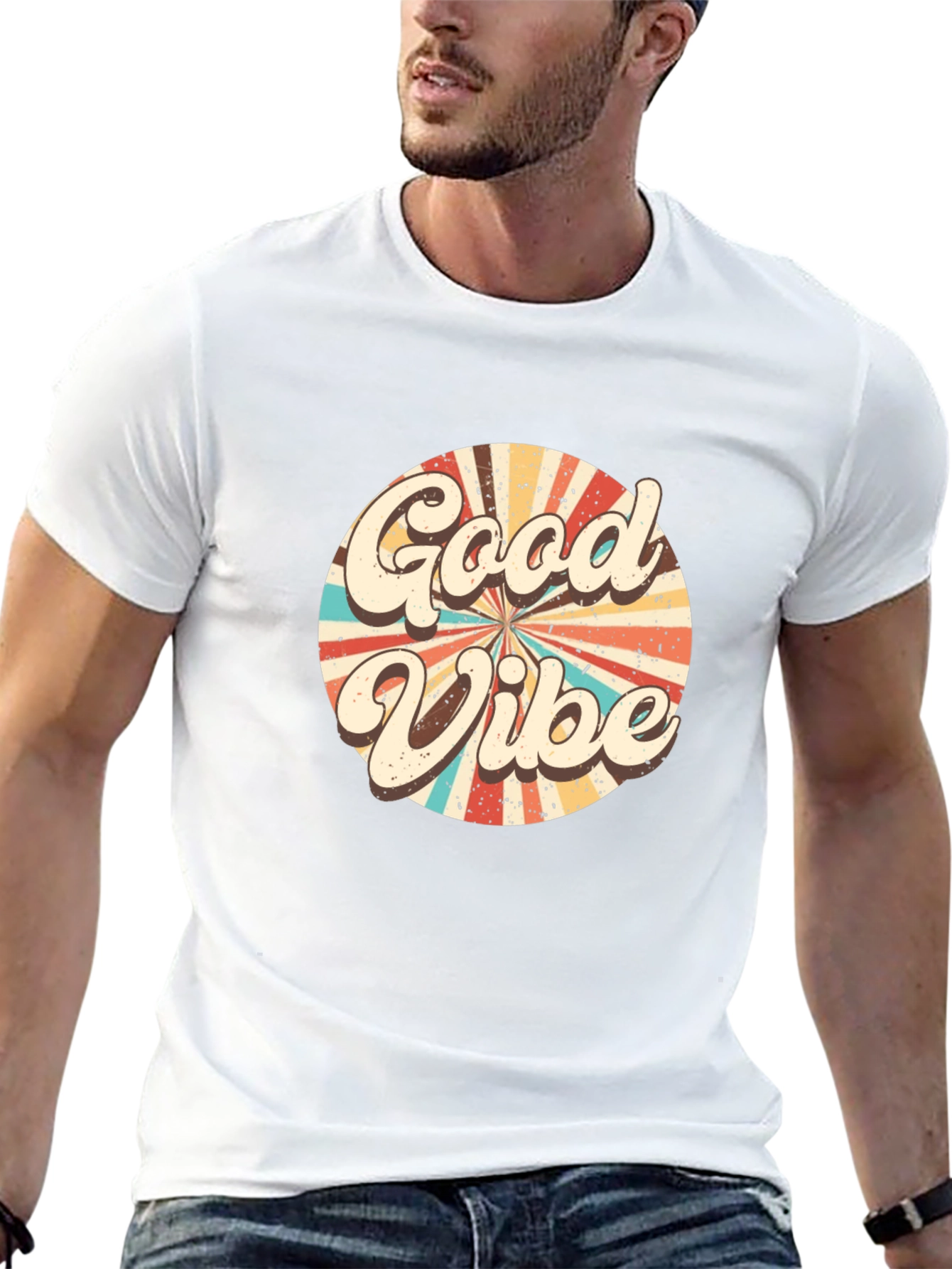 Retro Good Vibes Graphic Tee - Black Cotton T-Shirt