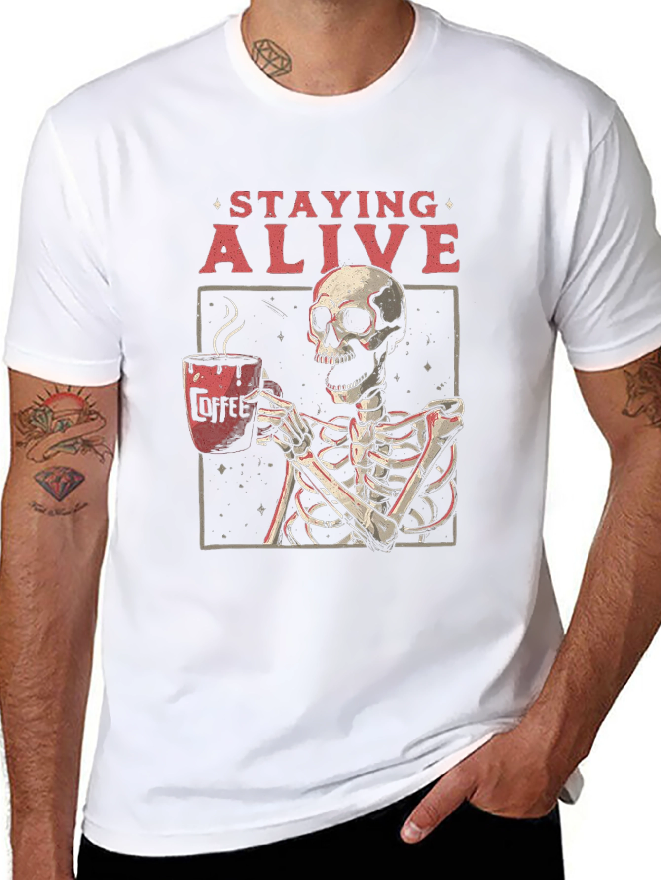 Staying Alive Skeleton Coffee Graphic Tee