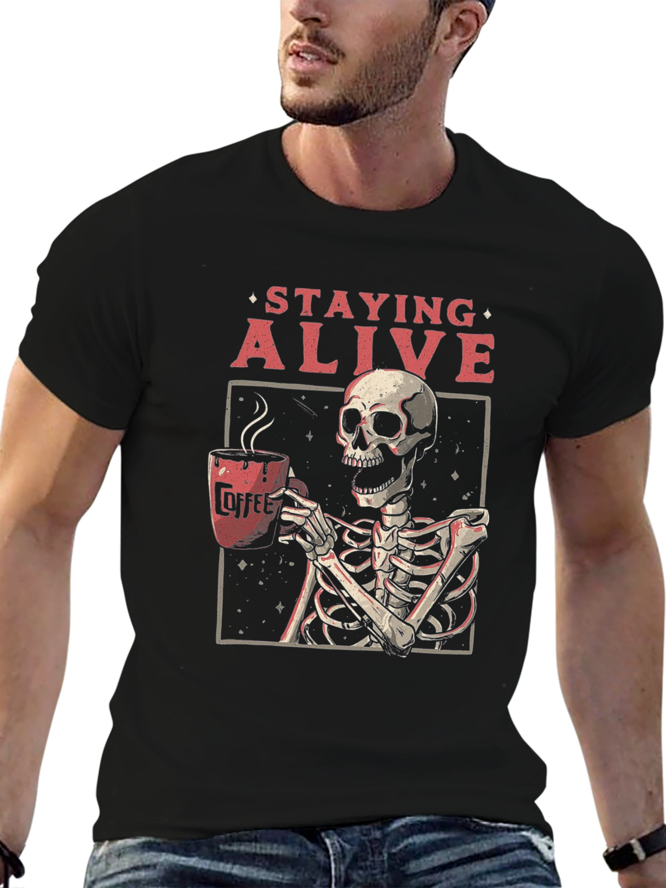 Staying Alive Skeleton Coffee Graphic Tee