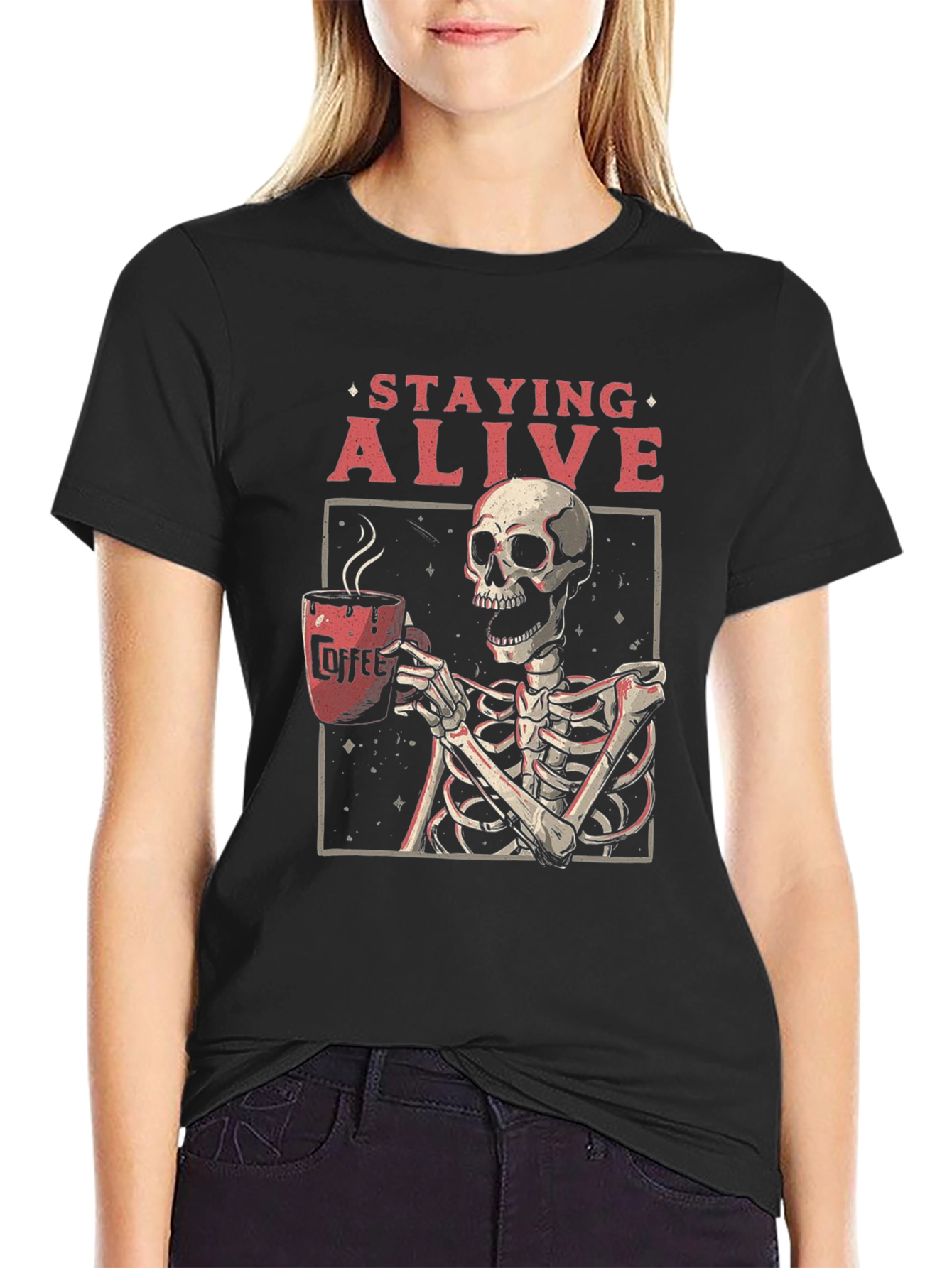 Staying Alive Skeleton Coffee Graphic Tee