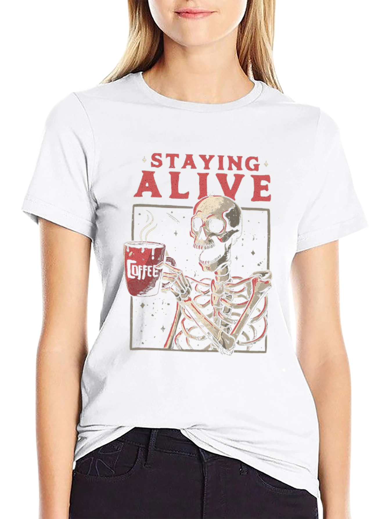 Staying Alive Skeleton Coffee Graphic Tee