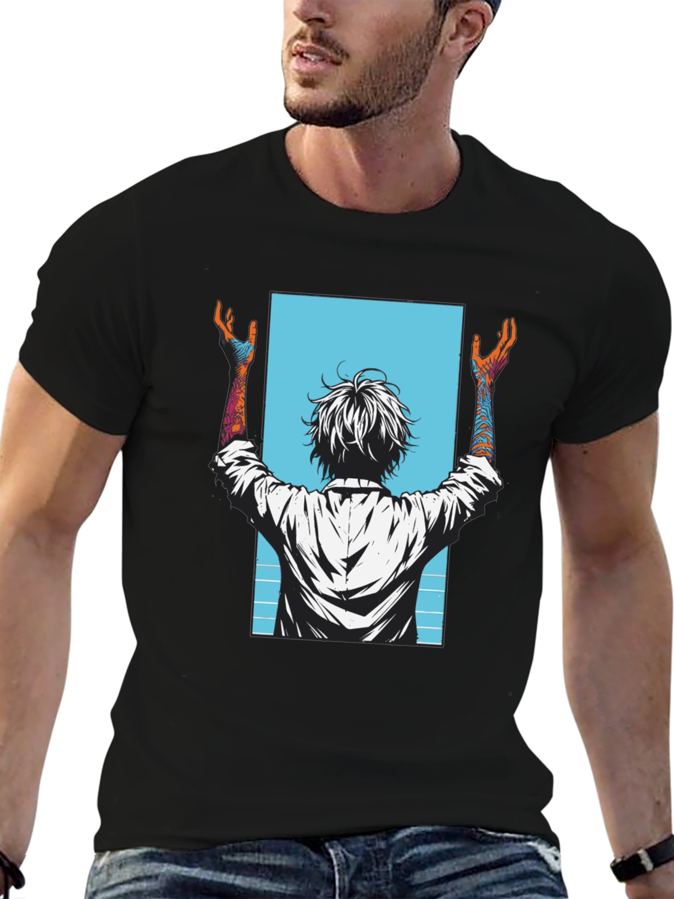 Graphic Tee - Anime Style Print - Black
