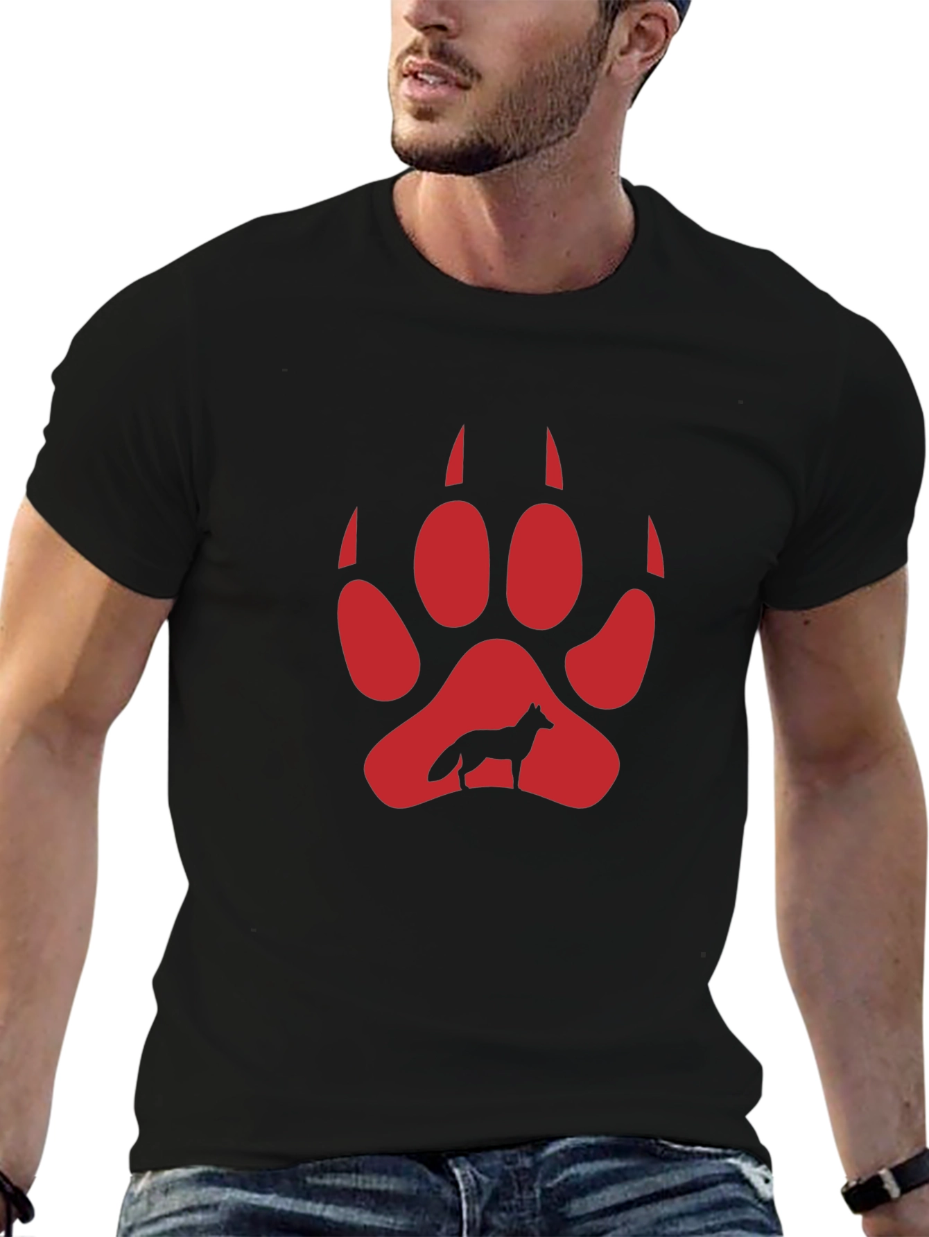 Wolf Paw Print Graphic Tee - Black Cotton Blend