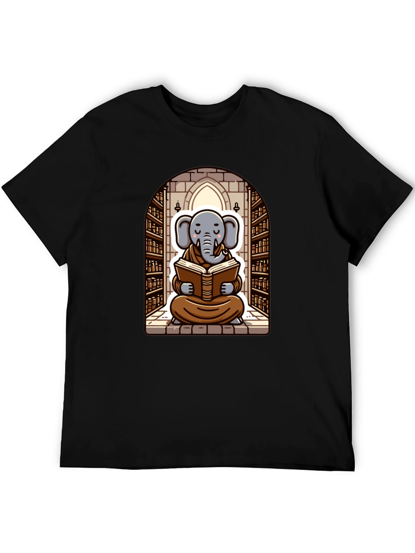Elephant Monk Reading Black T-Shirt