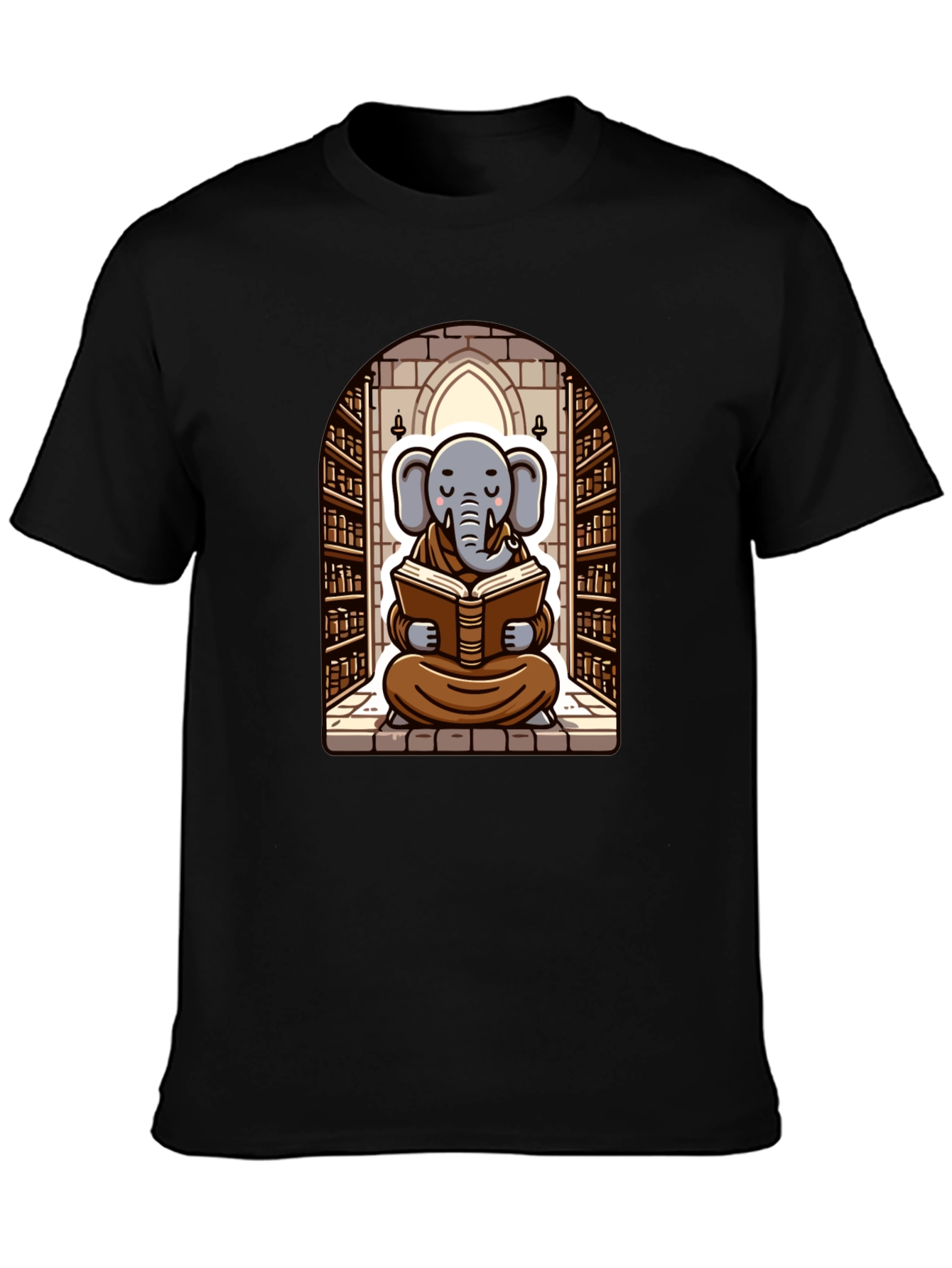 Elephant Monk Reading Black T-Shirt
