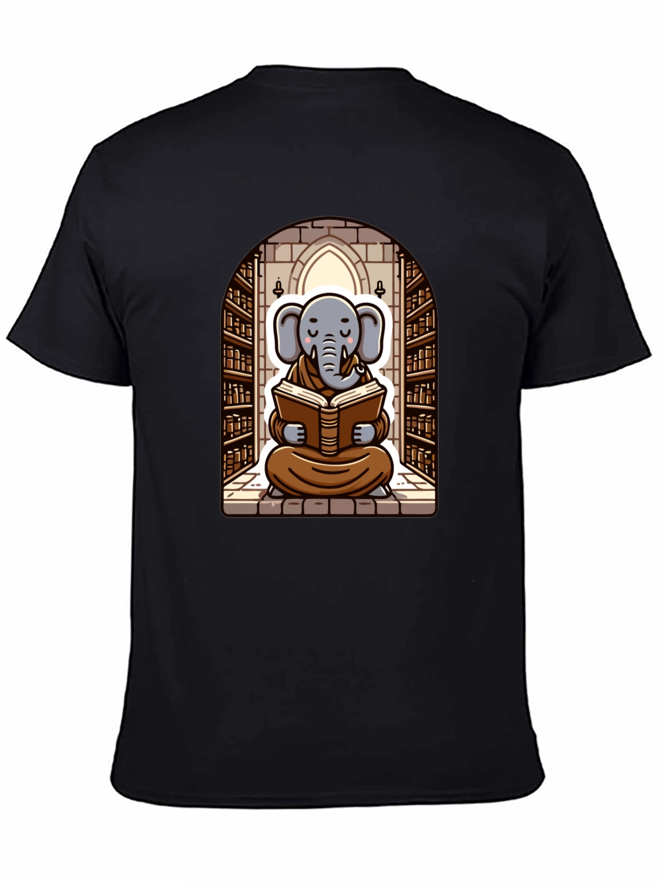Elephant Monk Reading Black T-Shirt
