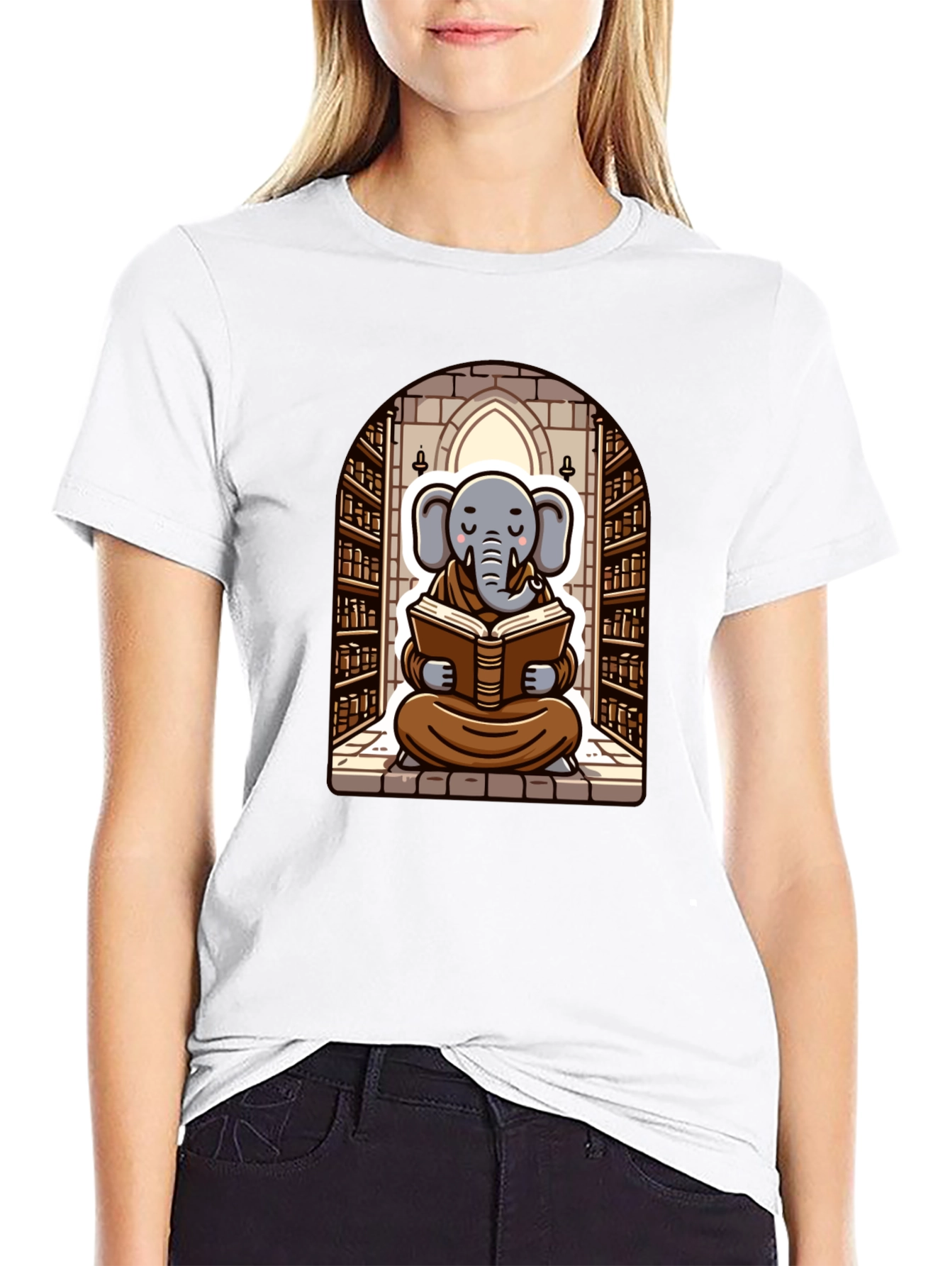 Elephant Monk Reading Black T-Shirt