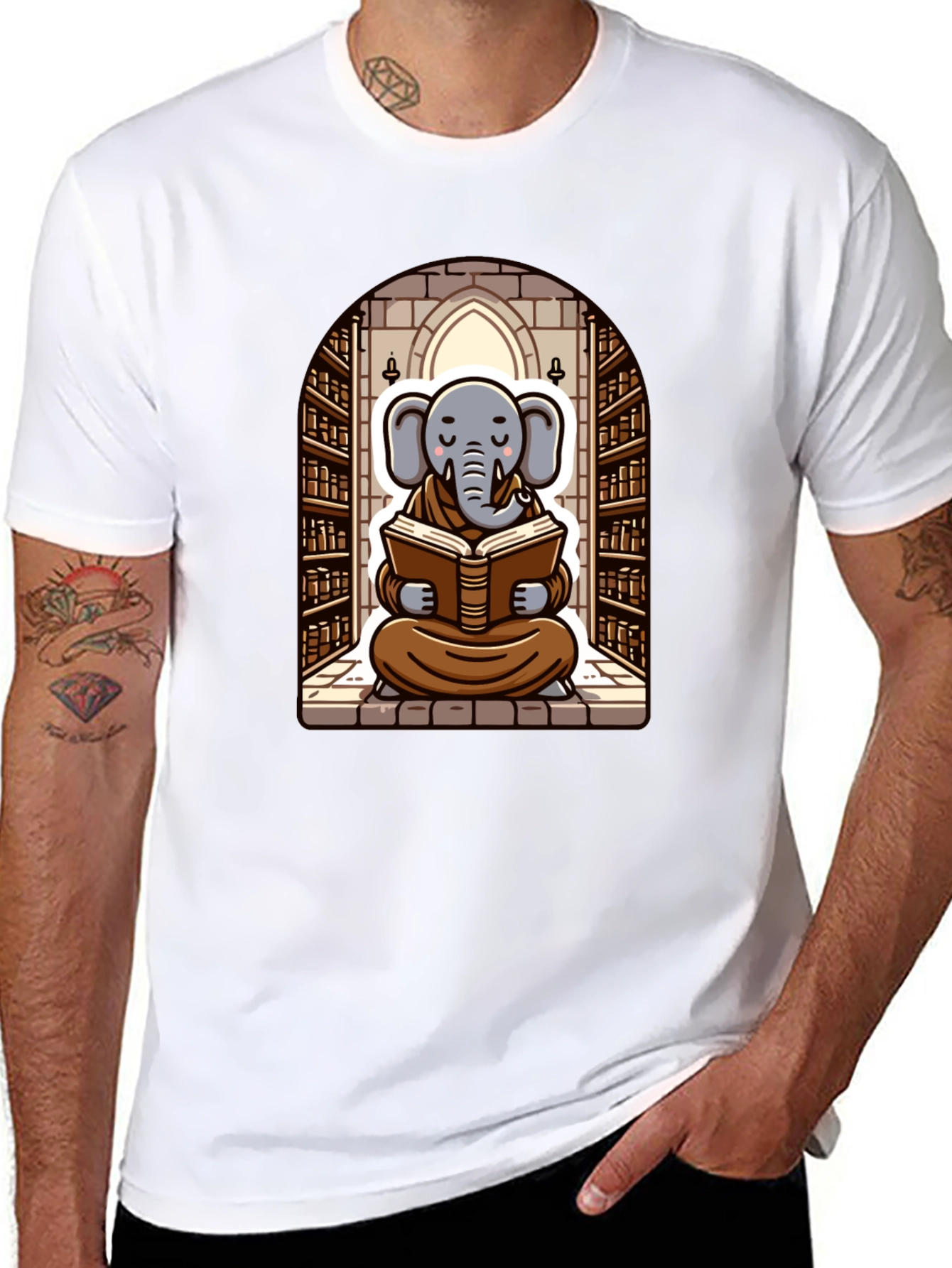 Elephant Monk Reading Black T-Shirt