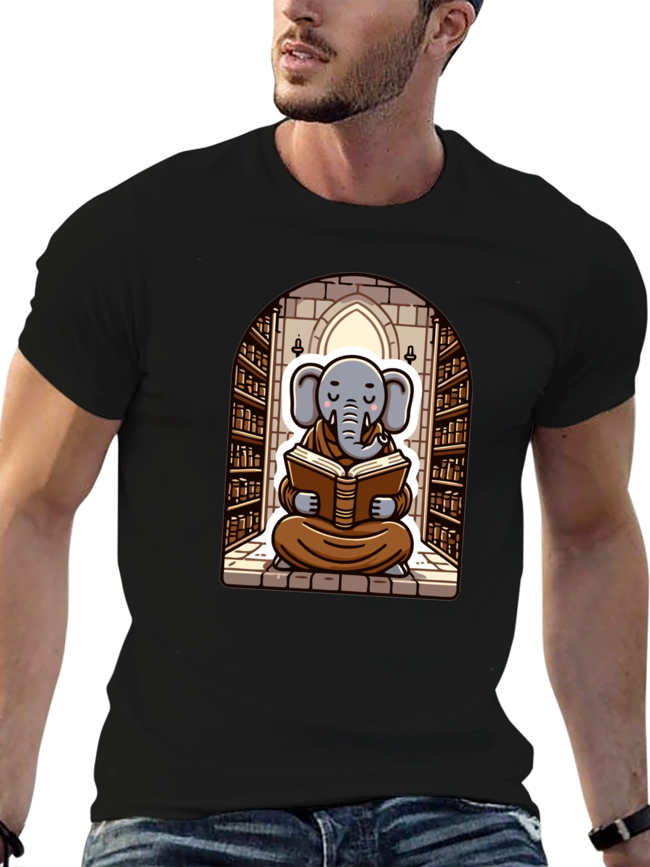 Elephant Monk Reading Black T-Shirt