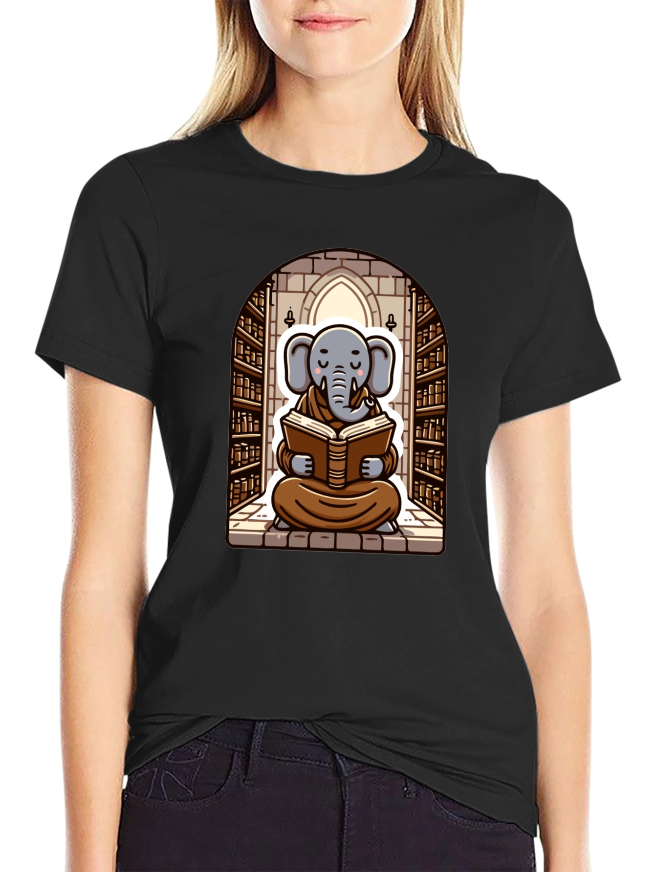 Elephant Monk Reading Black T-Shirt